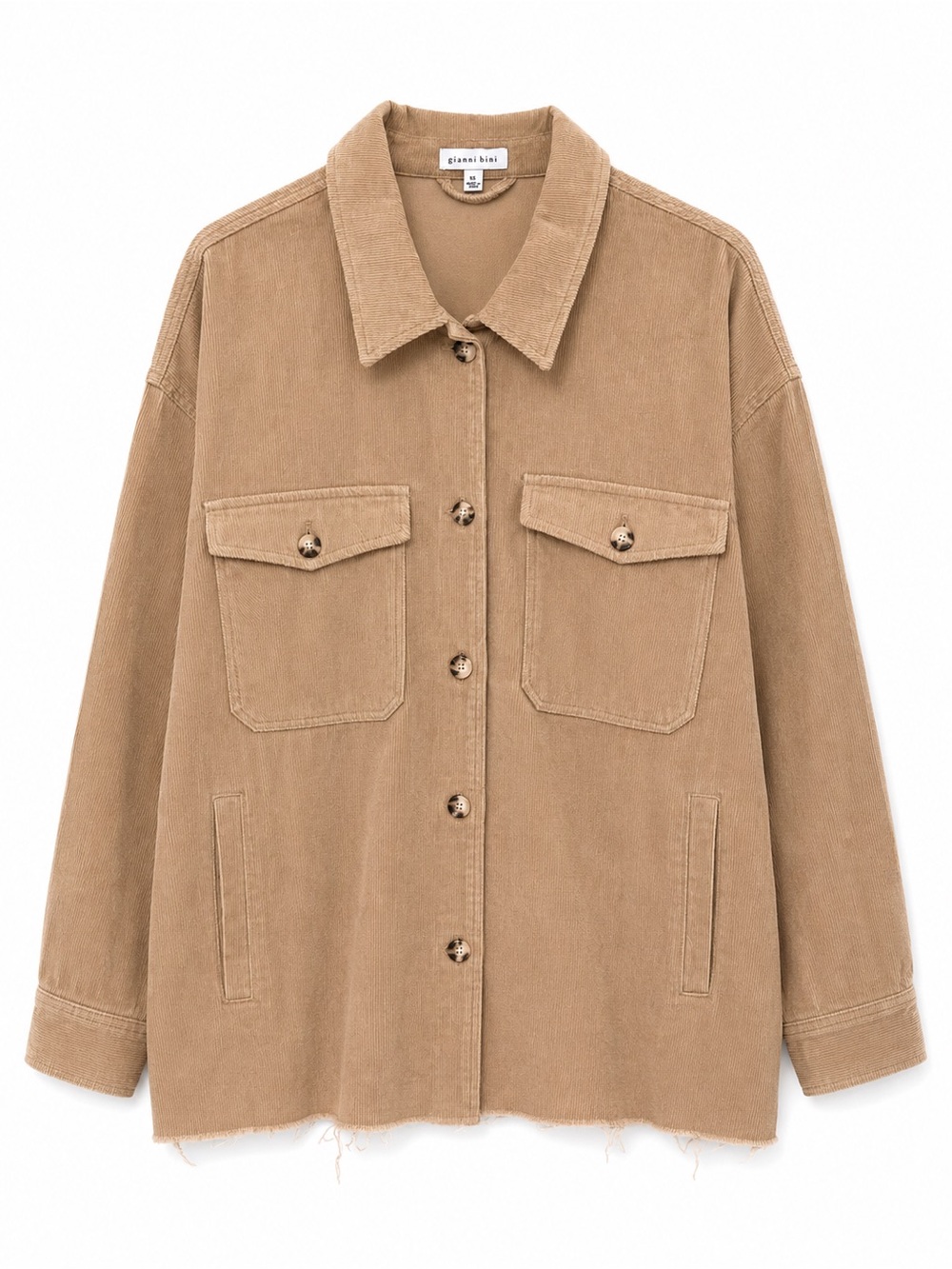 Gianni Bini Camel/Tan Corduroy Oversized Utility Shirt Jacket Shacket Rough Hem